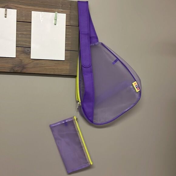 Girlfitti Purple Mesh Velcro Adjustable Body Bag w/ Mesh Wallet & Yellow Zippers - Picture 6 of 15